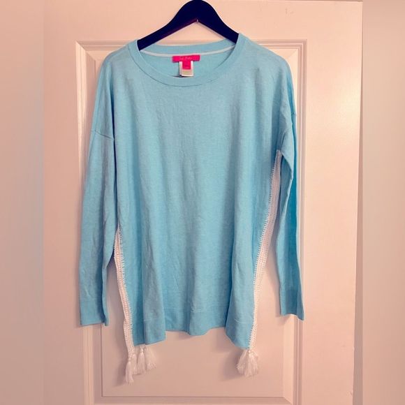 NWOT Lilly Pulitzer Damara Coolmax Crochet/Tassel Details Sweater Turquoise Sz M - Picture 5 of 16